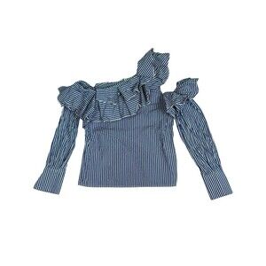 Leith Blue White Stripe Off Shoulder Ruffle Top One Shoulder Blouse XS Cotton